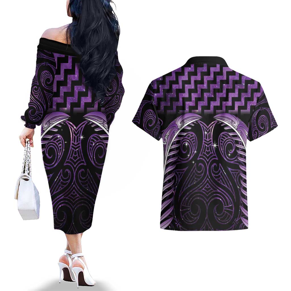 Purple Matariki New Zealand Couples Matching Off The Shoulder Long Sleeve Dress and Hawaiian Shirt Maori Poutama Galaxy Vibes
