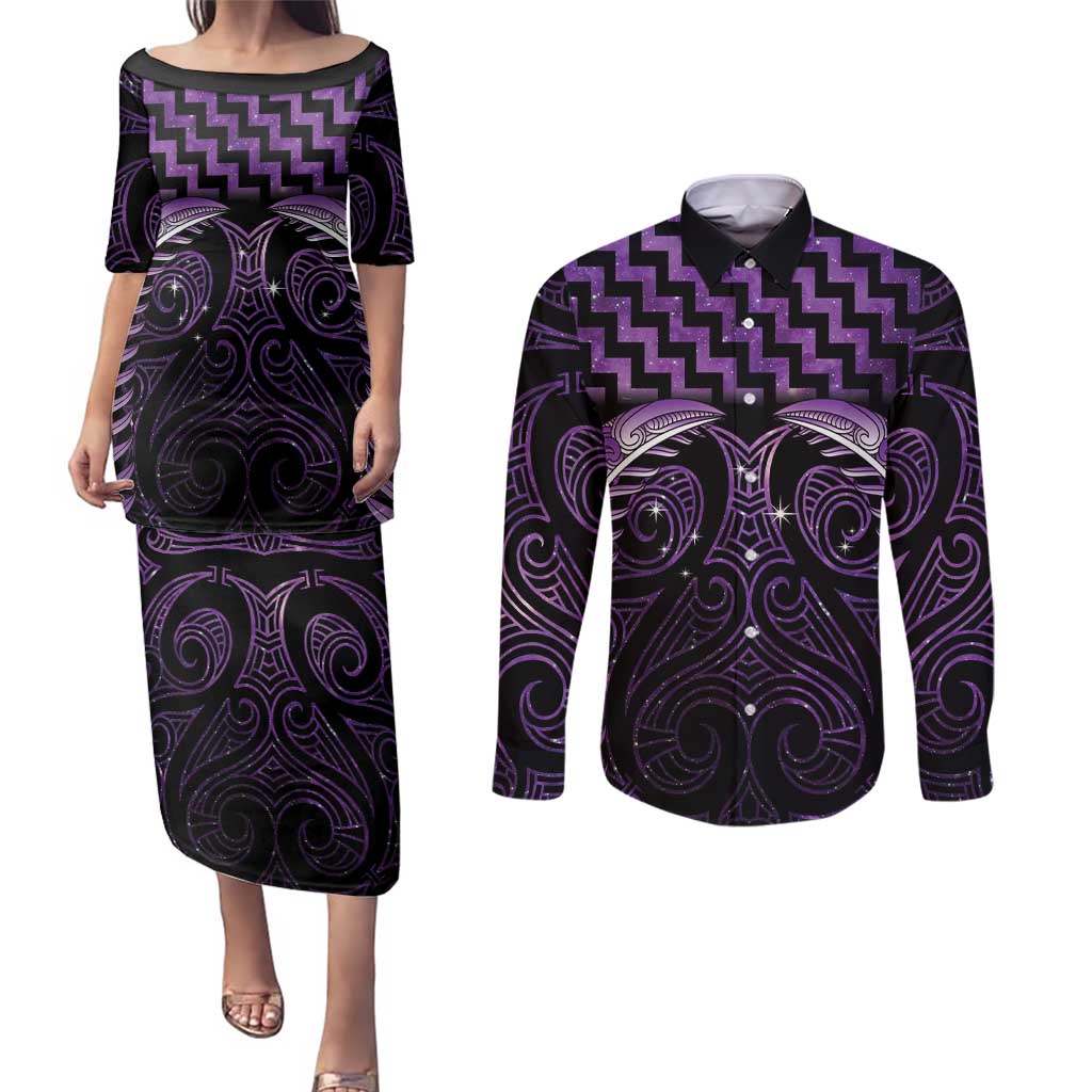 Purple Matariki New Zealand Couples Matching Puletasi and Long Sleeve Button Shirt Maori Poutama Galaxy Vibes