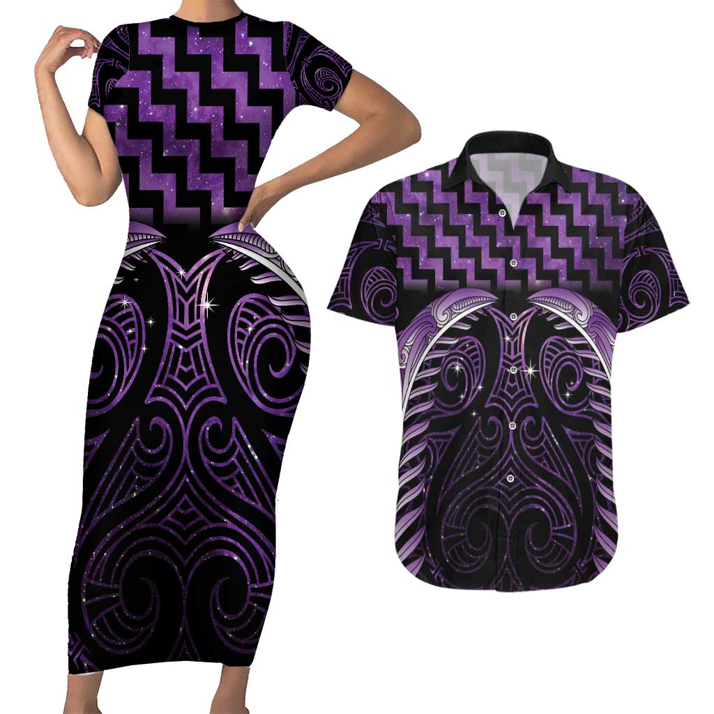 Purple Matariki New Zealand Couples Matching Short Sleeve Bodycon Dress and Hawaiian Shirt Maori Poutama Galaxy Vibes