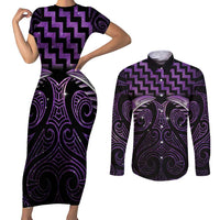 Purple Matariki New Zealand Couples Matching Short Sleeve Bodycon Dress and Long Sleeve Button Shirt Maori Poutama Galaxy Vibes