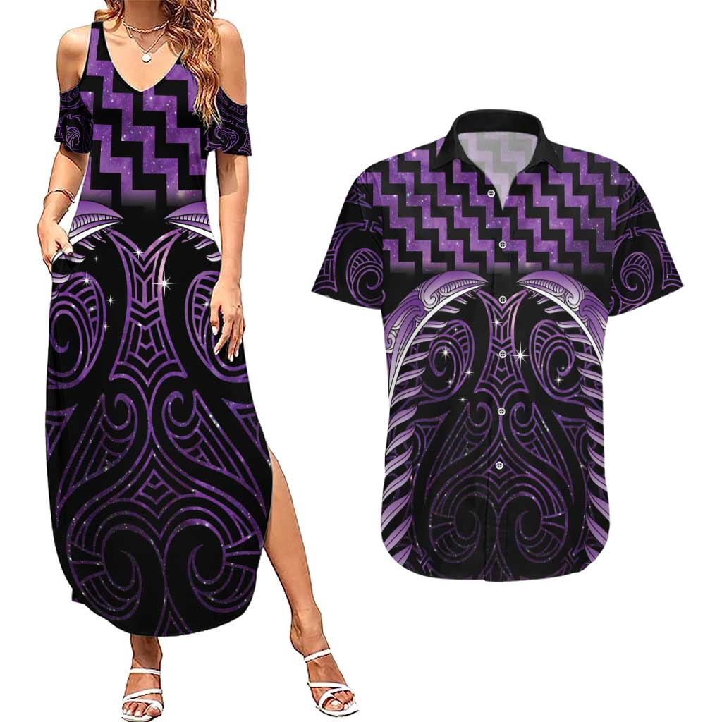 Purple Matariki New Zealand Couples Matching Summer Maxi Dress and Hawaiian Shirt Maori Poutama Galaxy Vibes