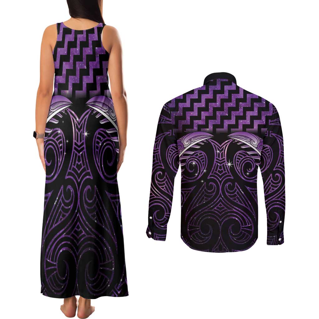 Purple Matariki New Zealand Couples Matching Tank Maxi Dress and Long Sleeve Button Shirt Maori Poutama Galaxy Vibes