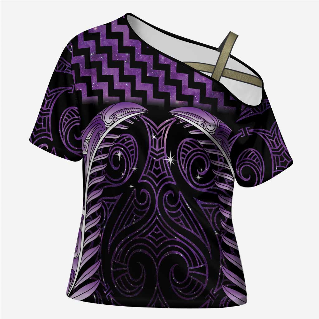 Purple Matariki New Zealand Cross Shoulder Shirt Maori Poutama Galaxy Vibes - Polynesian Pride