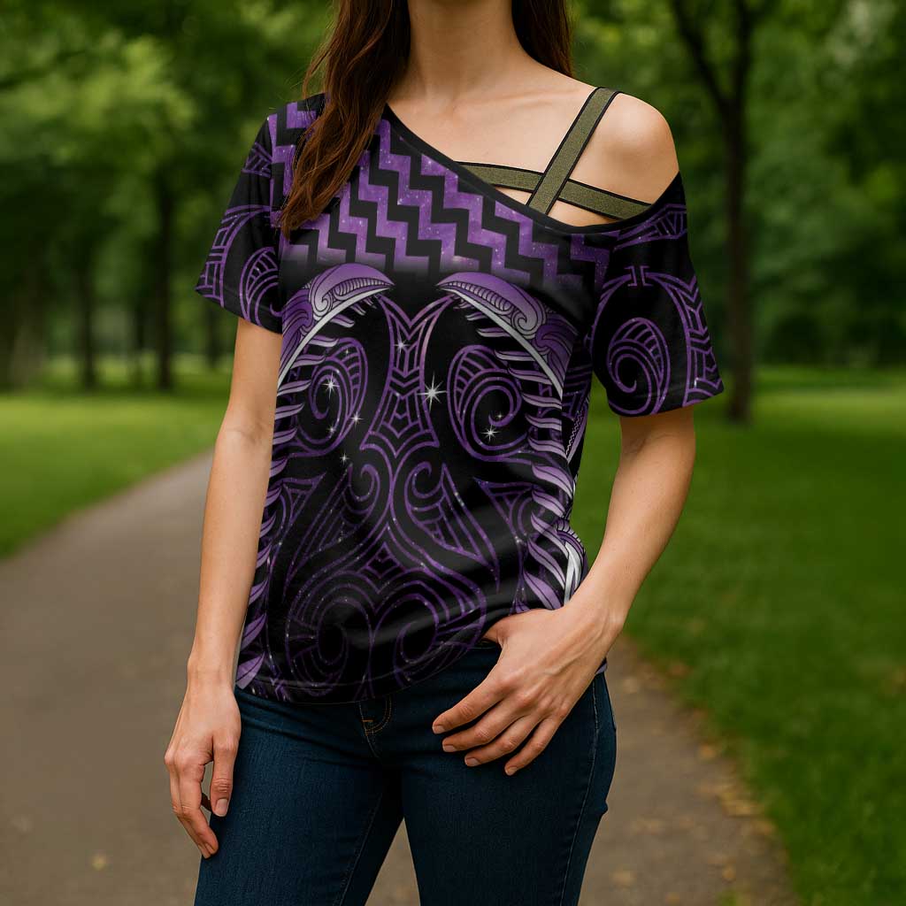 Purple Matariki New Zealand Cross Shoulder Shirt Maori Poutama Galaxy Vibes - Polynesian Pride