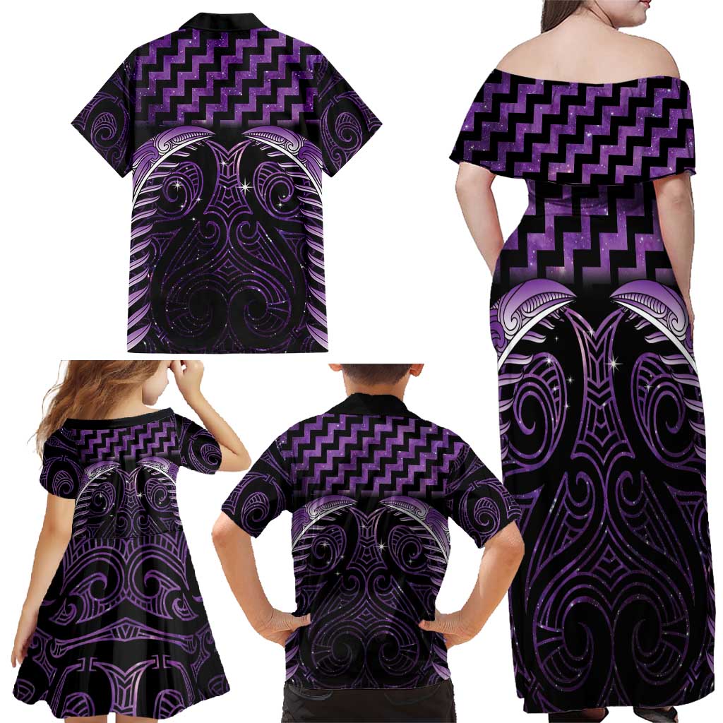 Purple Matariki New Zealand Family Matching Off Shoulder Maxi Dress and Hawaiian Shirt Maori Poutama Galaxy Vibes