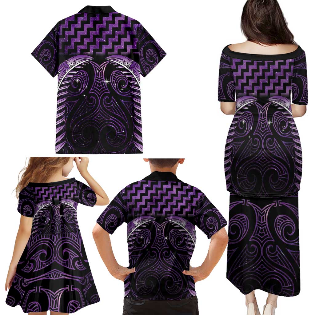 Purple Matariki New Zealand Family Matching Puletasi and Hawaiian Shirt Maori Poutama Galaxy Vibes
