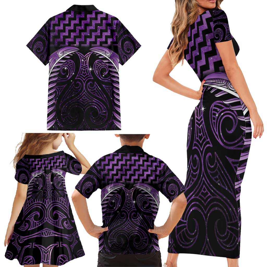 Purple Matariki New Zealand Family Matching Short Sleeve Bodycon Dress and Hawaiian Shirt Maori Poutama Galaxy Vibes