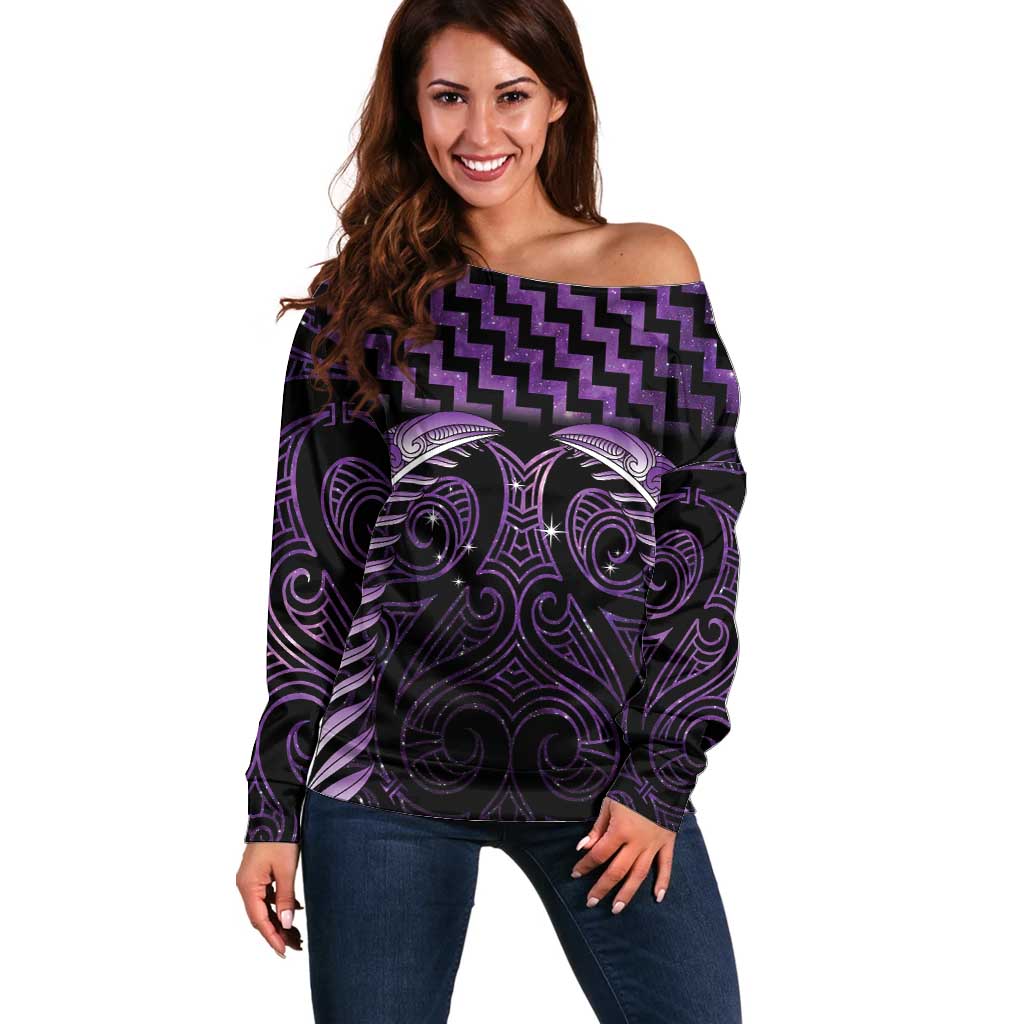 Purple Matariki New Zealand Off Shoulder Sweater Maori Poutama Galaxy Vibes
