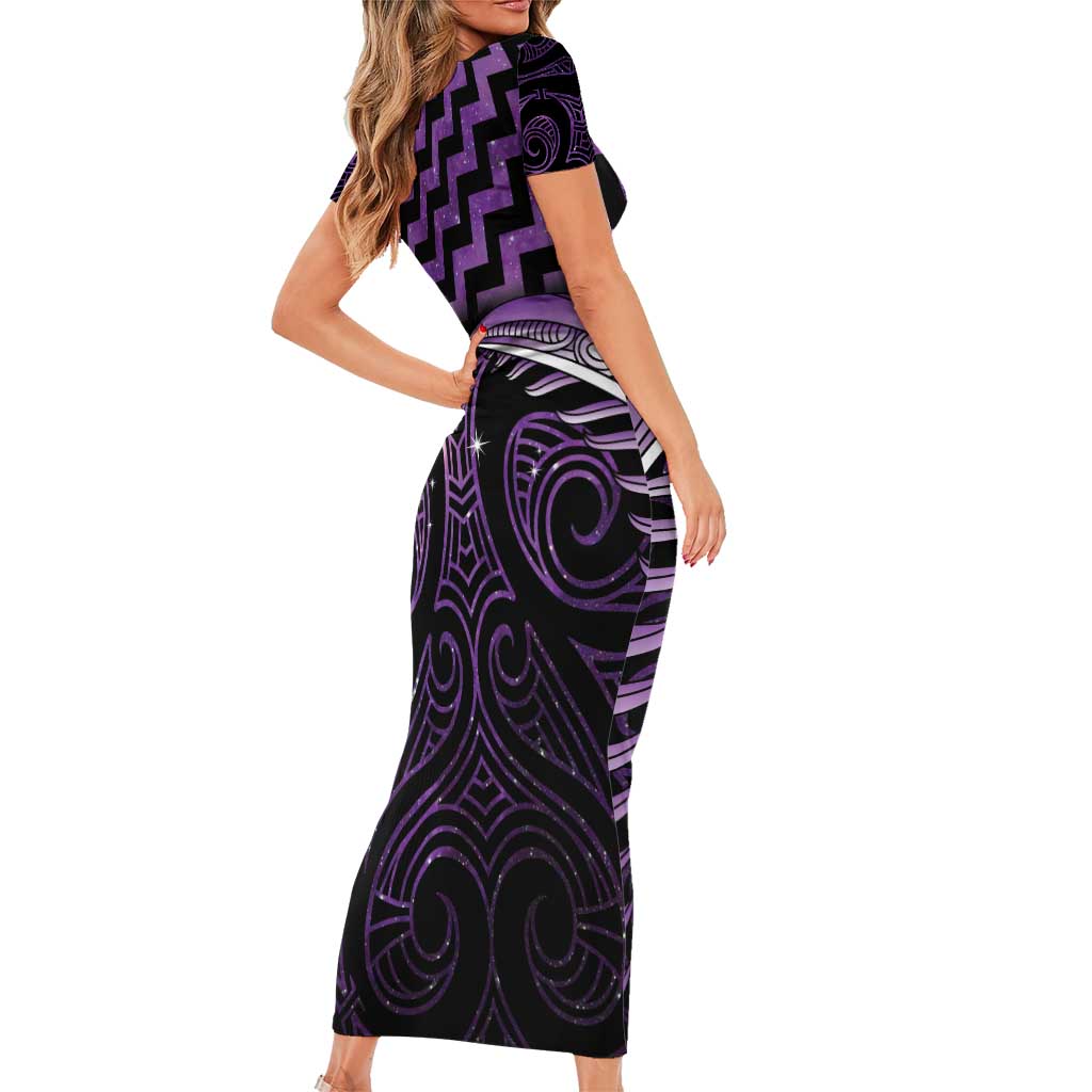 Purple Matariki New Zealand Short Sleeve Bodycon Dress Maori Poutama Galaxy Vibes