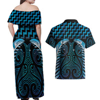 Blue Matariki New Zealand Couples Matching Off Shoulder Maxi Dress and Hawaiian Shirt Maori Poutama Galaxy Vibes