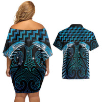 Blue Matariki New Zealand Couples Matching Off Shoulder Short Dress and Hawaiian Shirt Maori Poutama Galaxy Vibes