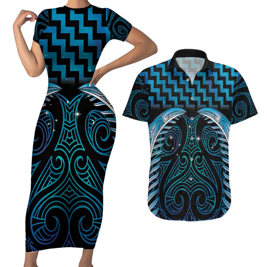 Blue Matariki New Zealand Couples Matching Short Sleeve Bodycon Dress and Hawaiian Shirt Maori Poutama Galaxy Vibes