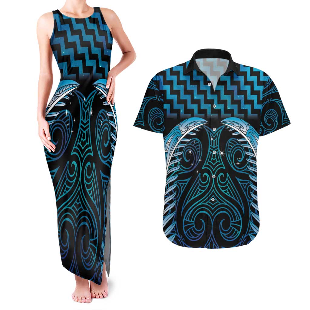 Blue Matariki New Zealand Couples Matching Tank Maxi Dress and Hawaiian Shirt Maori Poutama Galaxy Vibes