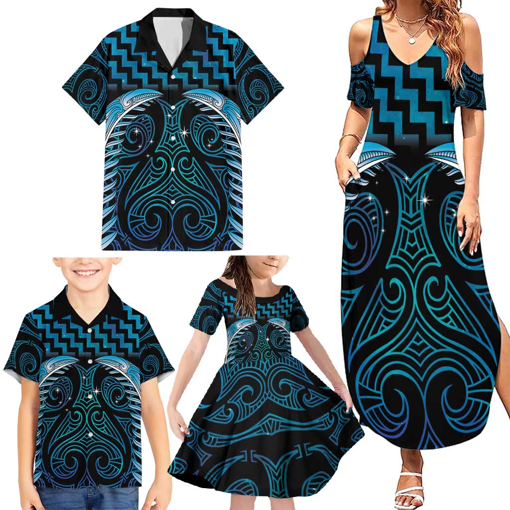 Blue Matariki New Zealand Family Matching Summer Maxi Dress and Hawaiian Shirt Maori Poutama Galaxy Vibes