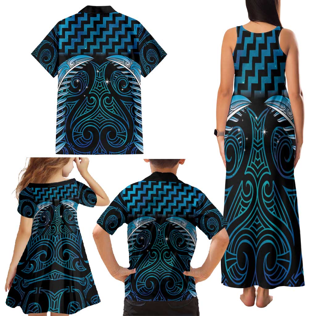 Blue Matariki New Zealand Family Matching Tank Maxi Dress and Hawaiian Shirt Maori Poutama Galaxy Vibes