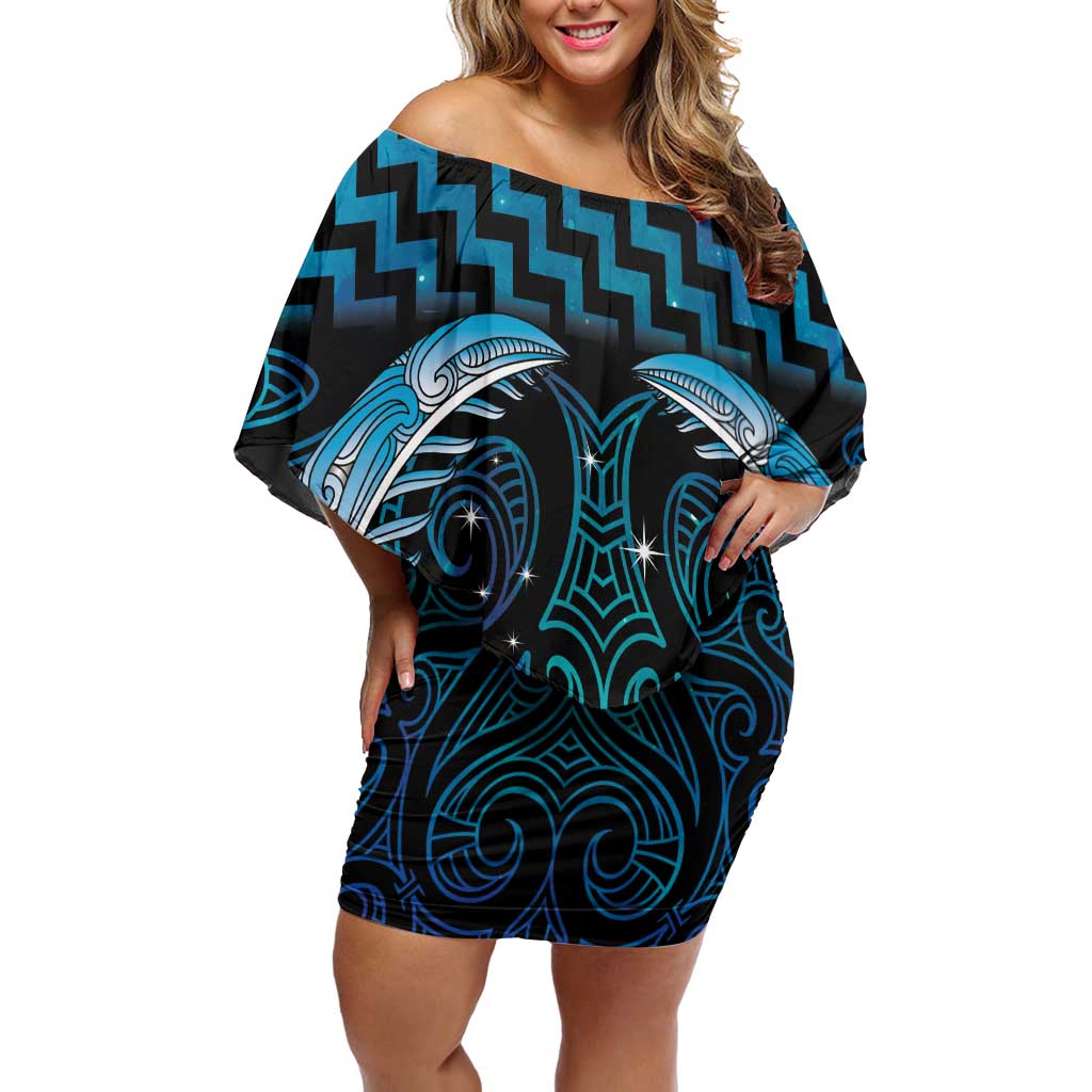 Blue Matariki New Zealand Off Shoulder Short Dress Maori Poutama Galaxy Vibes
