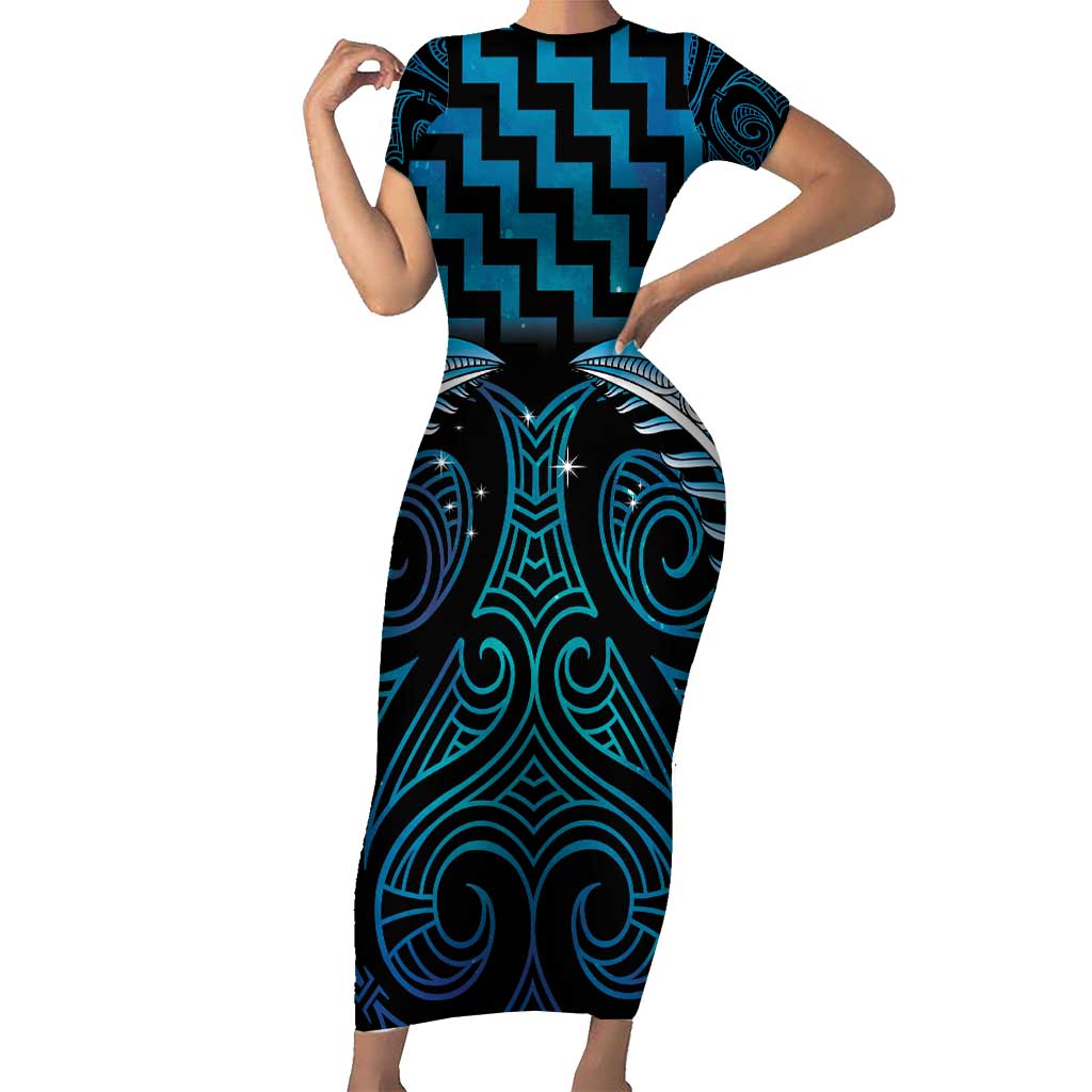 Blue Matariki New Zealand Short Sleeve Bodycon Dress Maori Poutama Galaxy Vibes