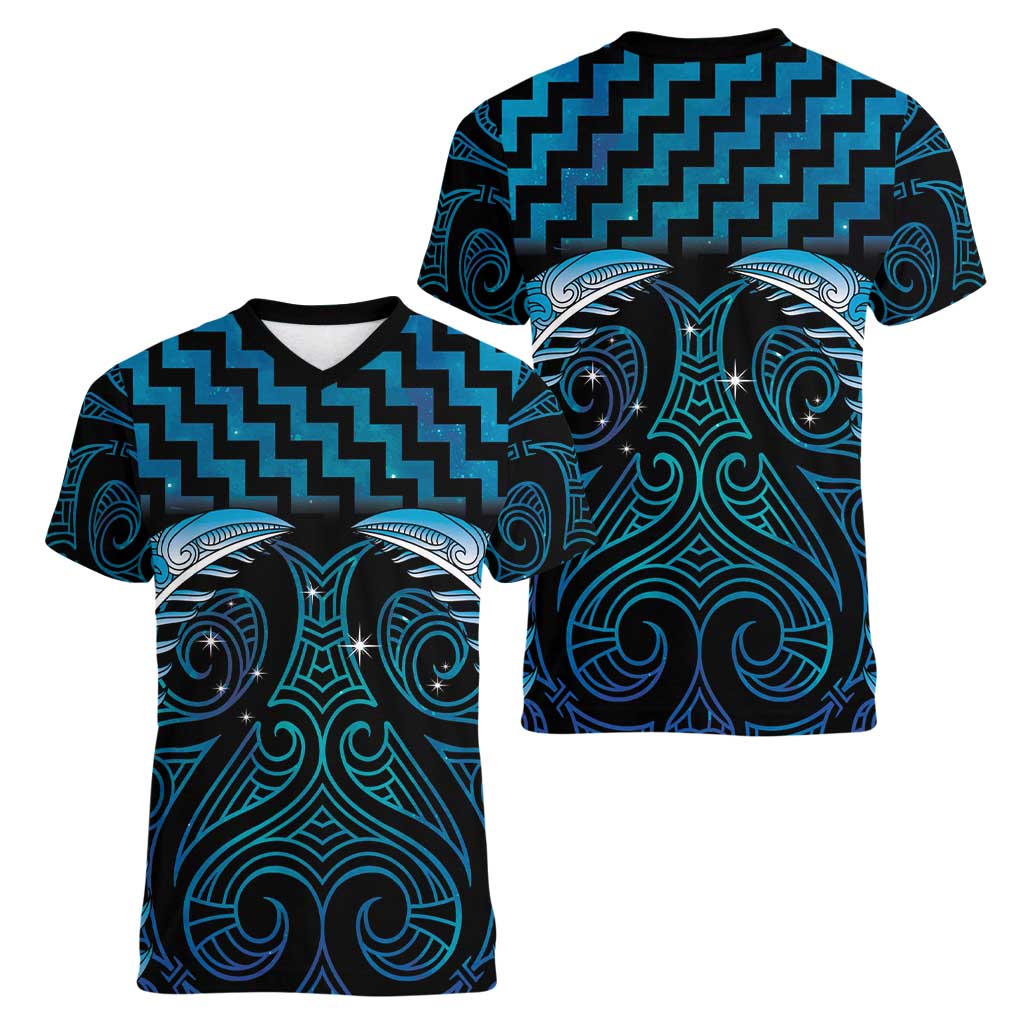 Blue Matariki New Zealand Women V-Neck T-Shirt Maori Poutama Galaxy Vibes