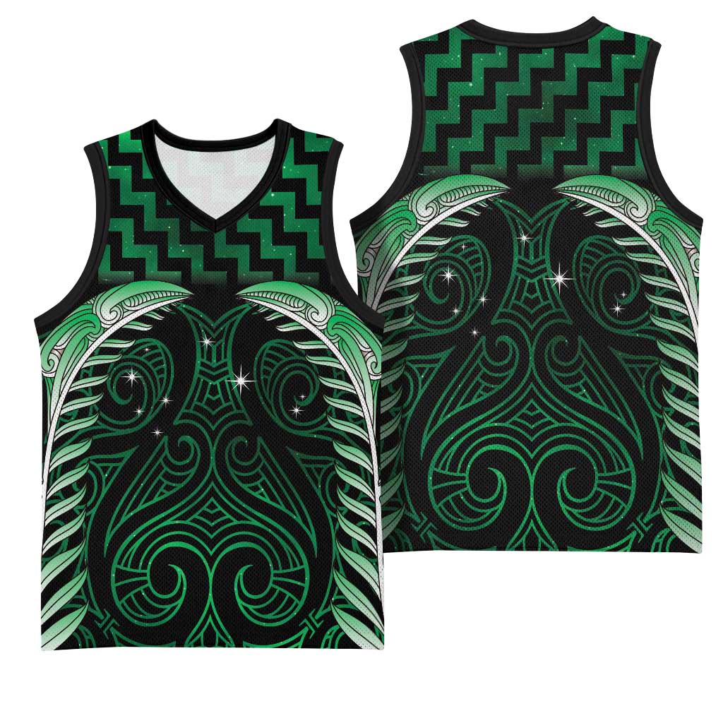 Green Matariki New Zealand Basketball Jersey Maori Poutama Galaxy Vibes - Polynesian Pride