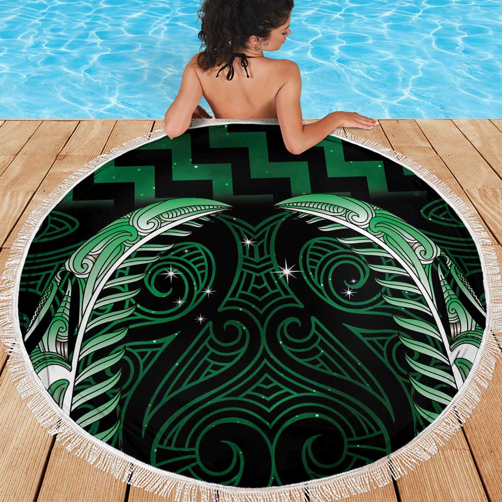 Green Matariki New Zealand Beach Blanket Maori Poutama Galaxy Vibes
