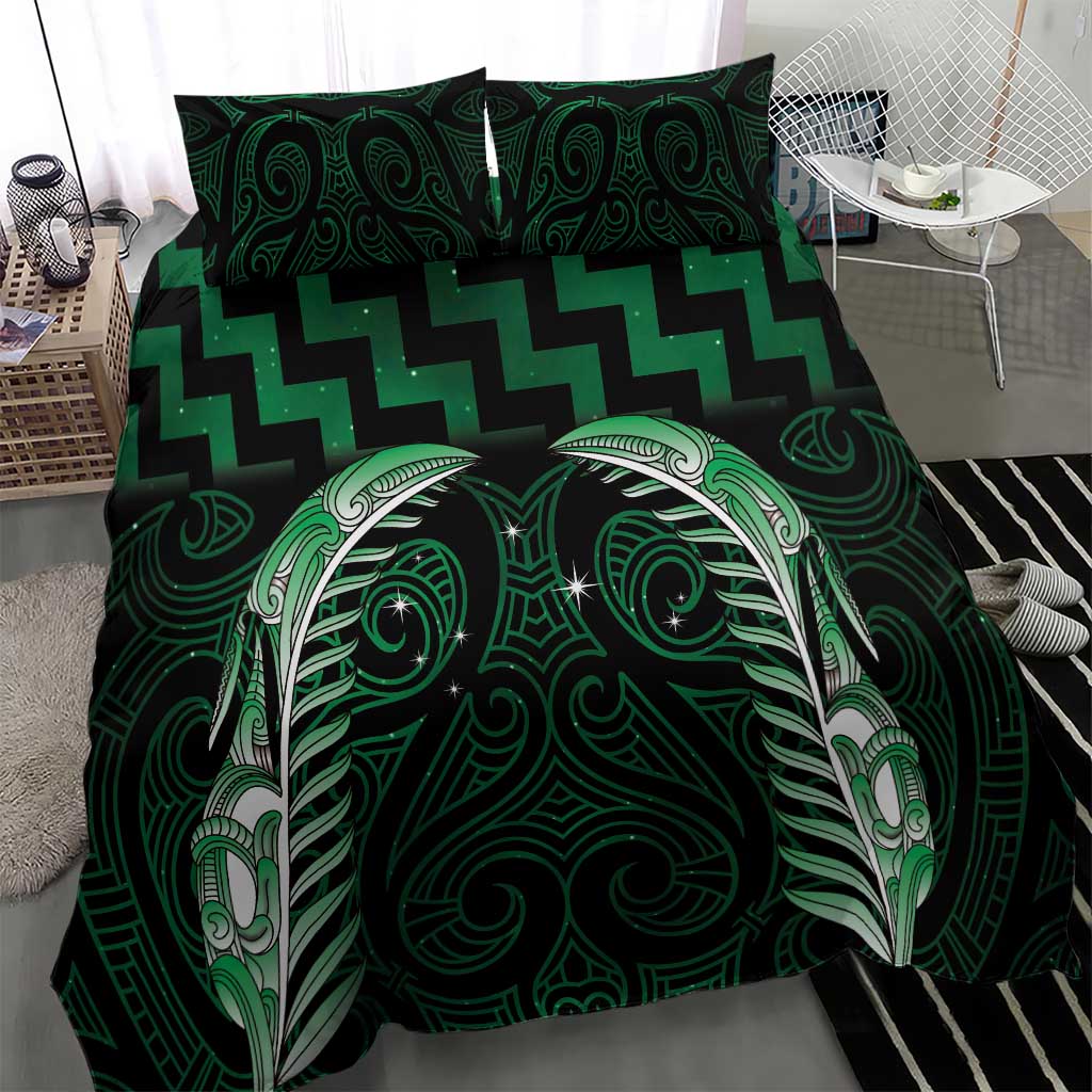 Green Matariki New Zealand Bedding Set Maori Poutama Galaxy Vibes