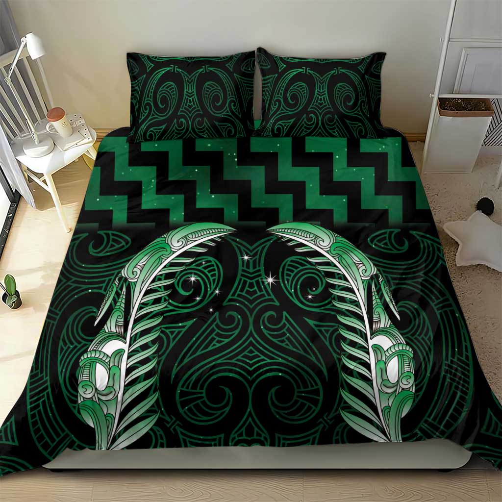 Green Matariki New Zealand Bedding Set Maori Poutama Galaxy Vibes