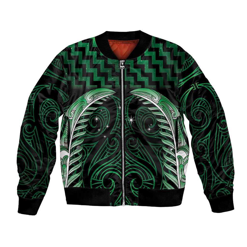 Green Matariki New Zealand Bomber Jacket Maori Poutama Galaxy Vibes