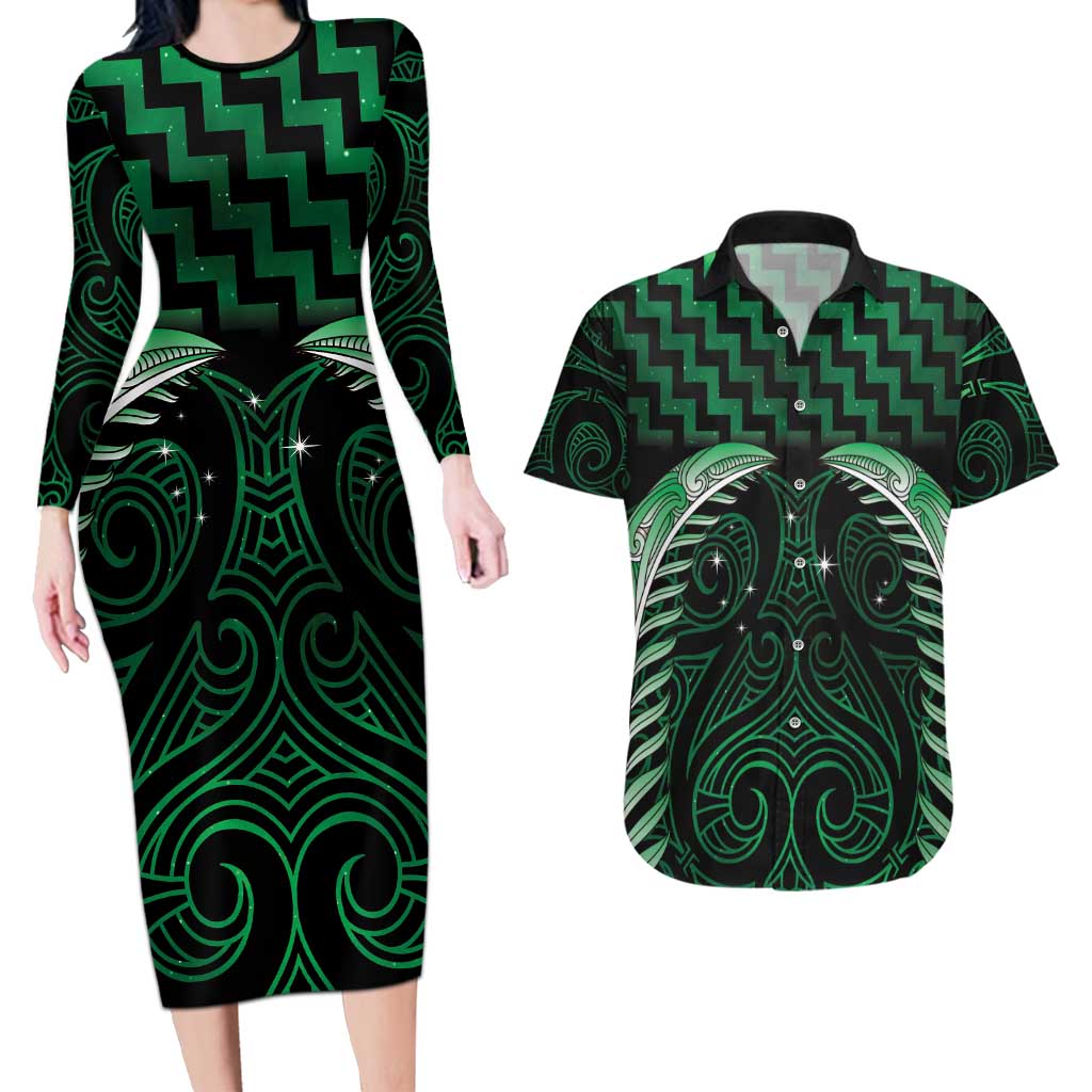 Green Matariki New Zealand Couples Matching Long Sleeve Bodycon Dress and Hawaiian Shirt Maori Poutama Galaxy Vibes