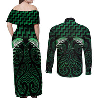 Green Matariki New Zealand Couples Matching Off Shoulder Maxi Dress and Long Sleeve Button Shirt Maori Poutama Galaxy Vibes