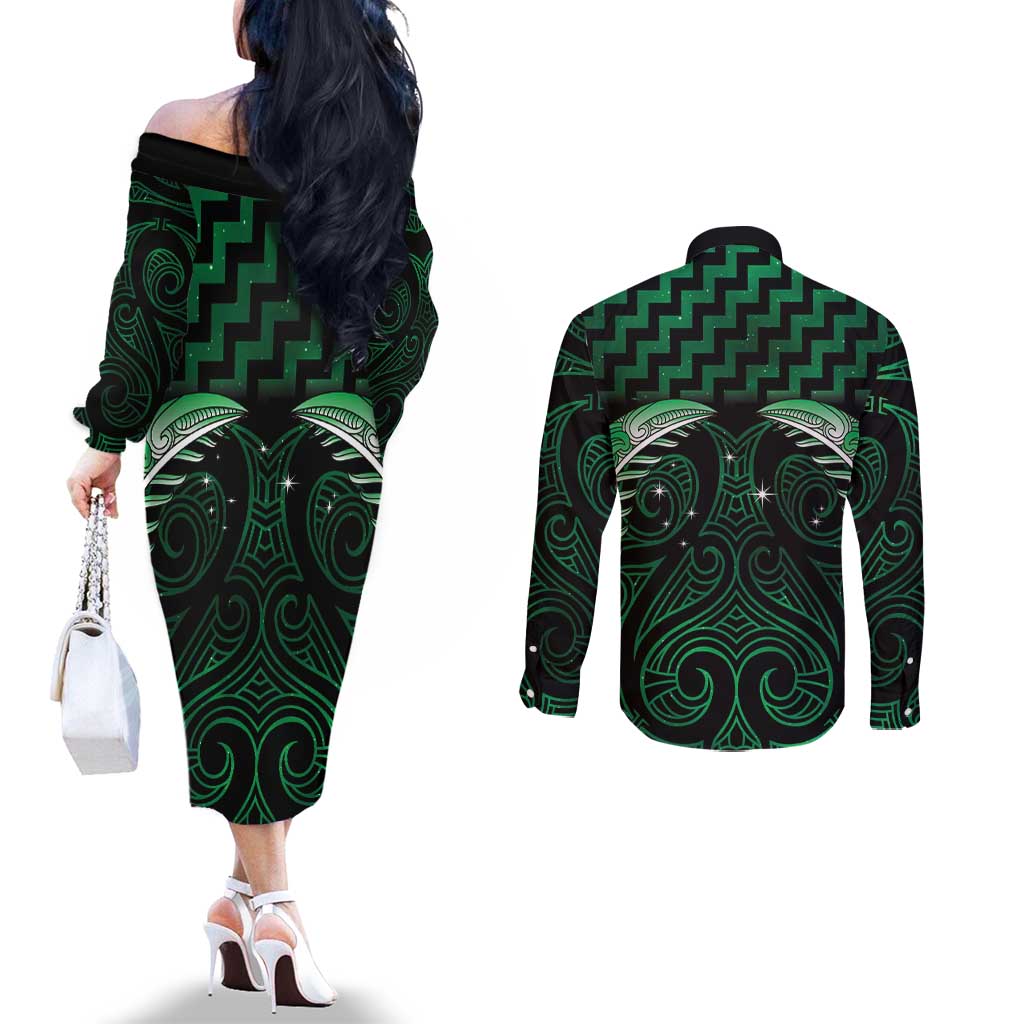 Green Matariki New Zealand Couples Matching Off The Shoulder Long Sleeve Dress and Long Sleeve Button Shirt Maori Poutama Galaxy Vibes