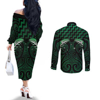 Green Matariki New Zealand Couples Matching Off The Shoulder Long Sleeve Dress and Long Sleeve Button Shirt Maori Poutama Galaxy Vibes