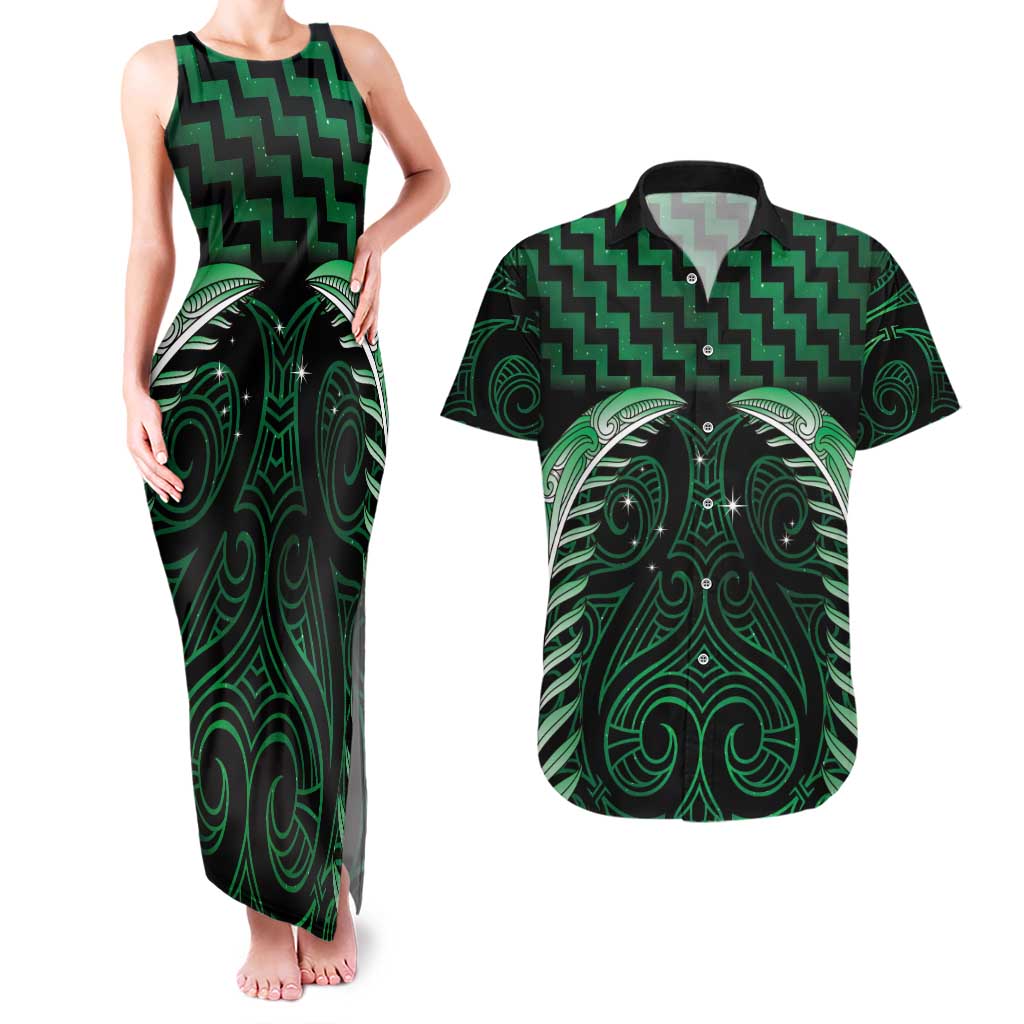Green Matariki New Zealand Couples Matching Tank Maxi Dress and Hawaiian Shirt Maori Poutama Galaxy Vibes