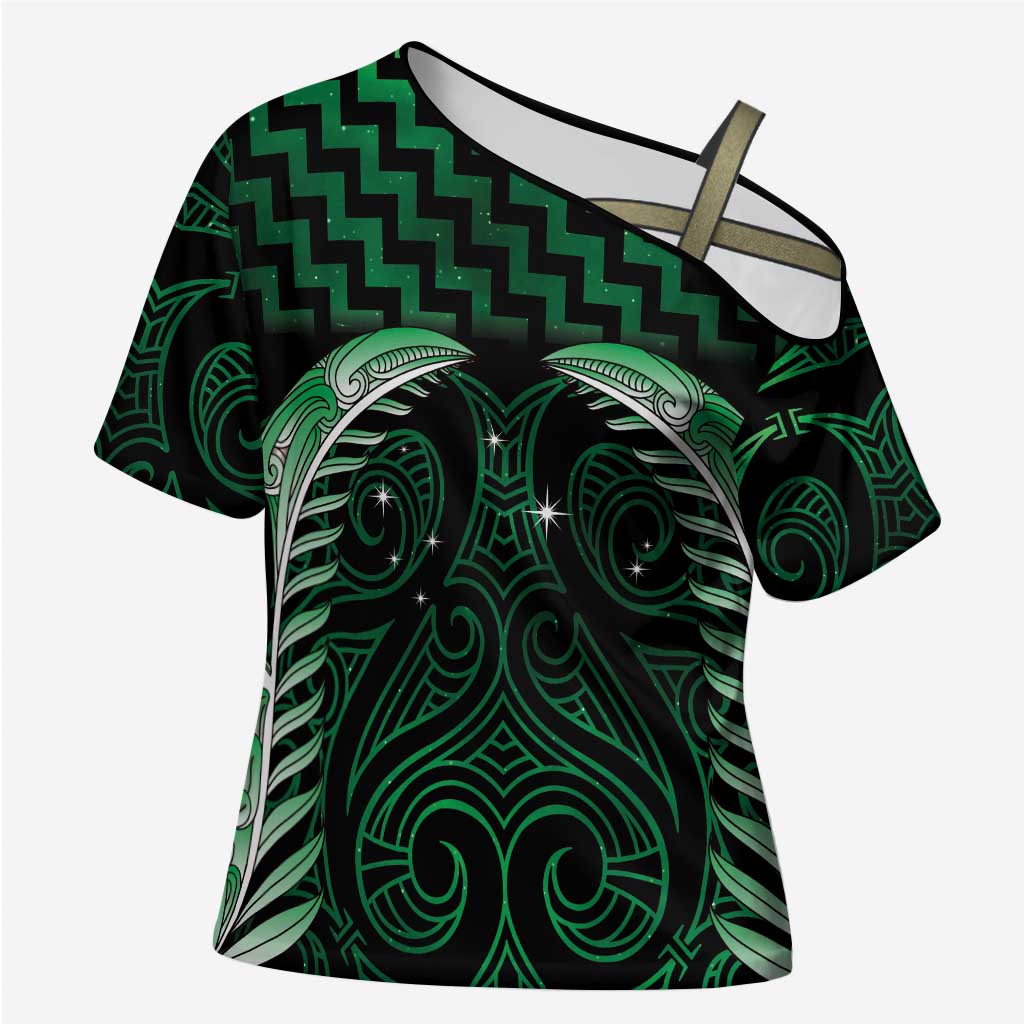 Green Matariki New Zealand Cross Shoulder Shirt Maori Poutama Galaxy Vibes - Polynesian Pride