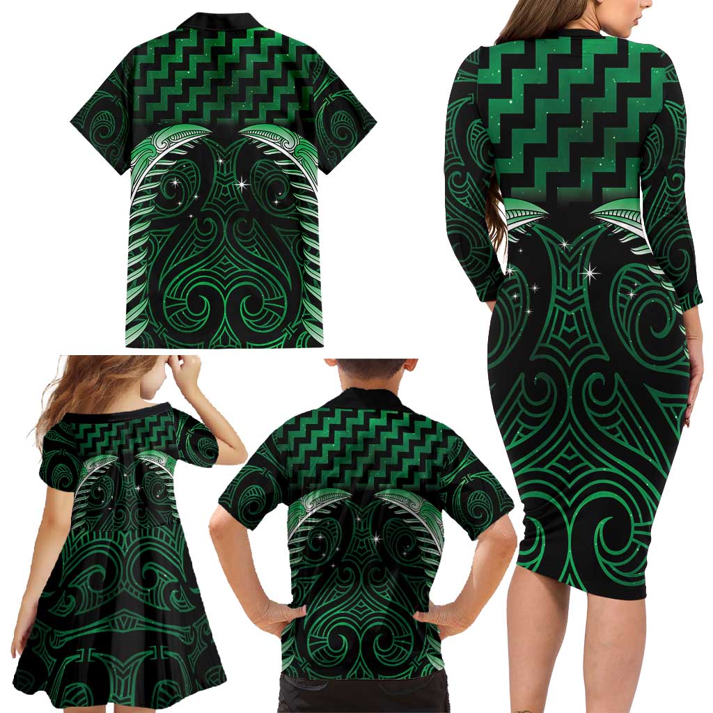 Green Matariki New Zealand Family Matching Long Sleeve Bodycon Dress and Hawaiian Shirt Maori Poutama Galaxy Vibes