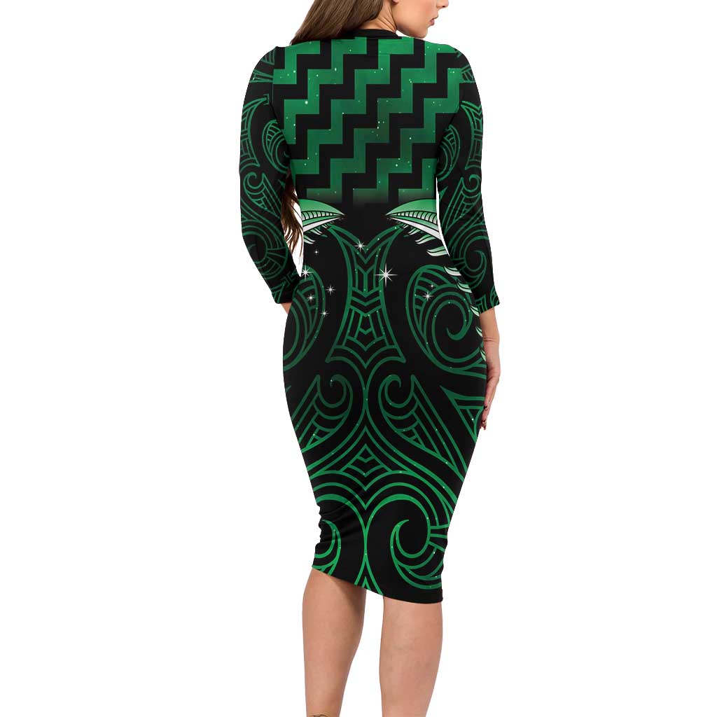 Green Matariki New Zealand Family Matching Long Sleeve Bodycon Dress and Hawaiian Shirt Maori Poutama Galaxy Vibes