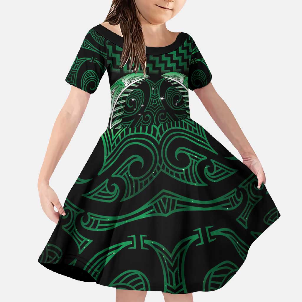 Green Matariki New Zealand Family Matching Mermaid Dress and Hawaiian Shirt Maori Poutama Galaxy Vibes