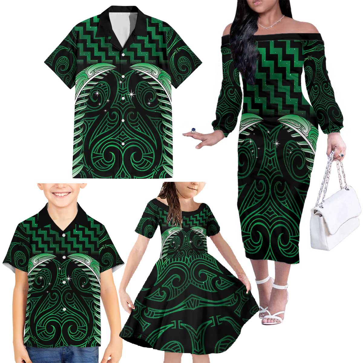 Green Matariki New Zealand Family Matching Off The Shoulder Long Sleeve Dress and Hawaiian Shirt Maori Poutama Galaxy Vibes