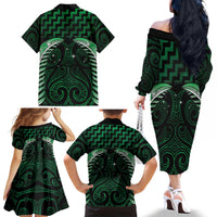 Green Matariki New Zealand Family Matching Off The Shoulder Long Sleeve Dress and Hawaiian Shirt Maori Poutama Galaxy Vibes