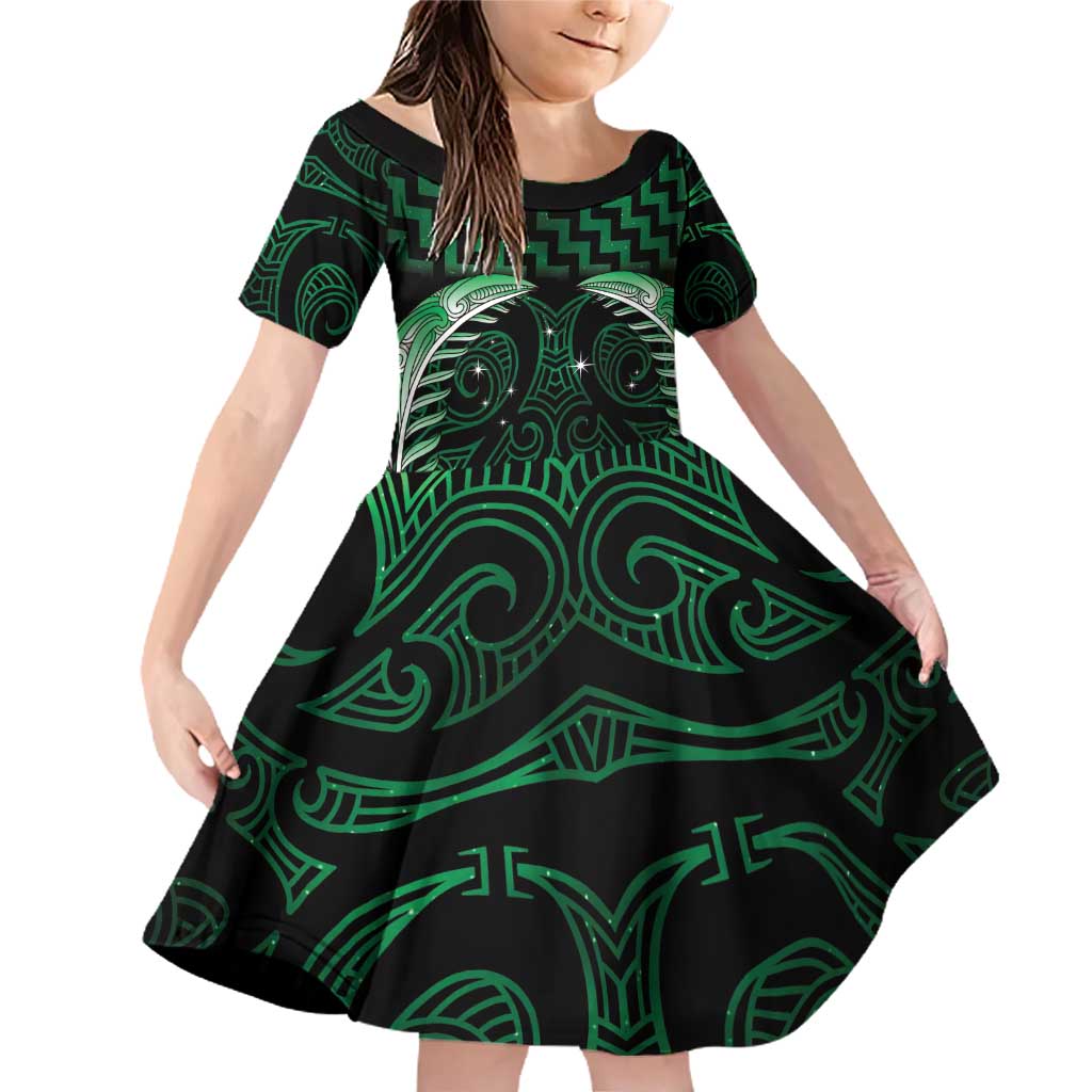 Green Matariki New Zealand Family Matching Off Shoulder Short Dress and Hawaiian Shirt Maori Poutama Galaxy Vibes