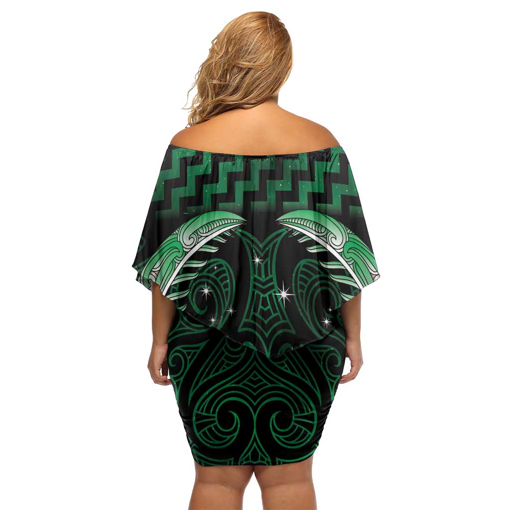 Green Matariki New Zealand Family Matching Off Shoulder Short Dress and Hawaiian Shirt Maori Poutama Galaxy Vibes