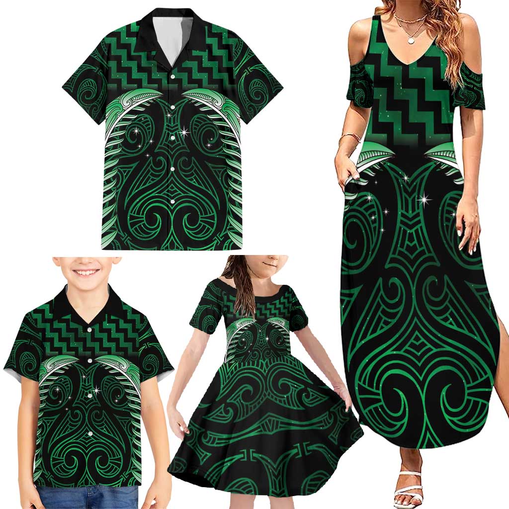 Green Matariki New Zealand Family Matching Summer Maxi Dress and Hawaiian Shirt Maori Poutama Galaxy Vibes