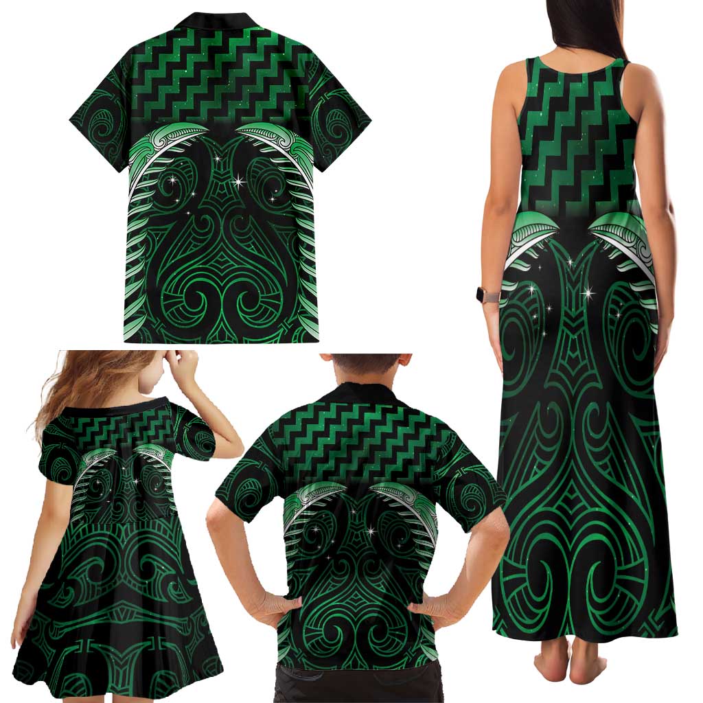 Green Matariki New Zealand Family Matching Tank Maxi Dress and Hawaiian Shirt Maori Poutama Galaxy Vibes