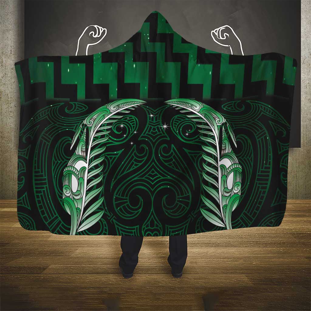 Green Matariki New Zealand Hooded Blanket Maori Poutama Galaxy Vibes