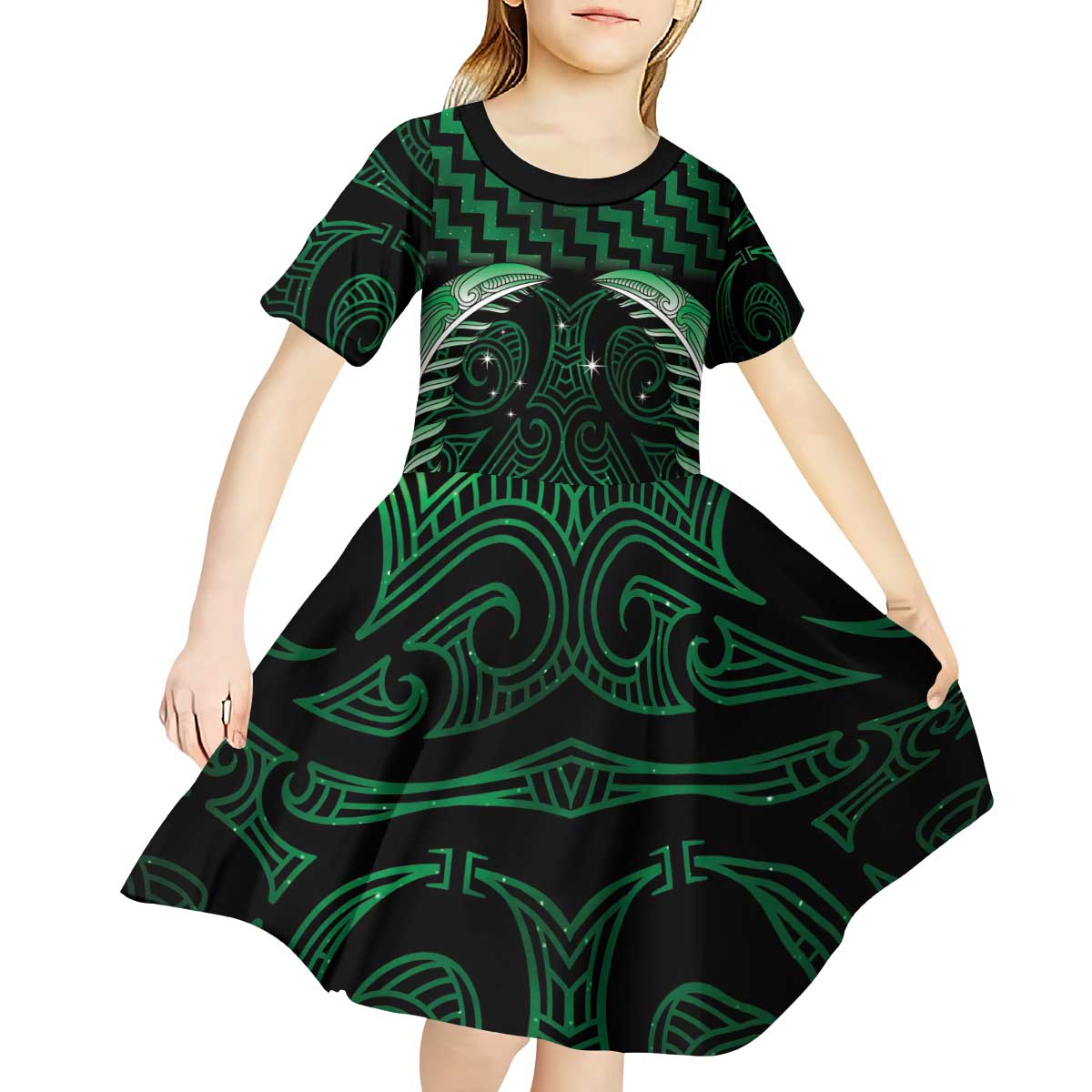 Green Matariki New Zealand Kid Short Sleeve Dress Maori Poutama Galaxy Vibes