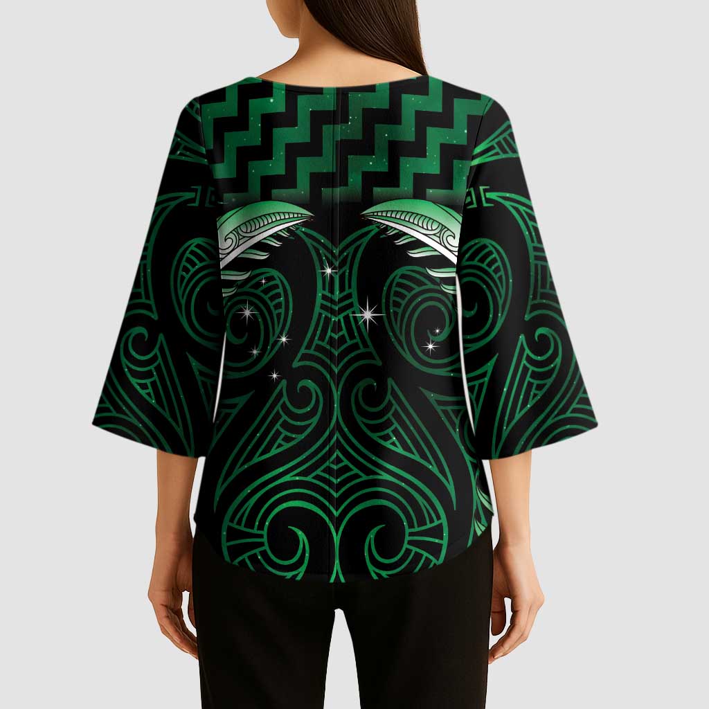 Green Matariki New Zealand Kimono Sleeve Blouse Maori Poutama Galaxy Vibes - Polynesian Pride