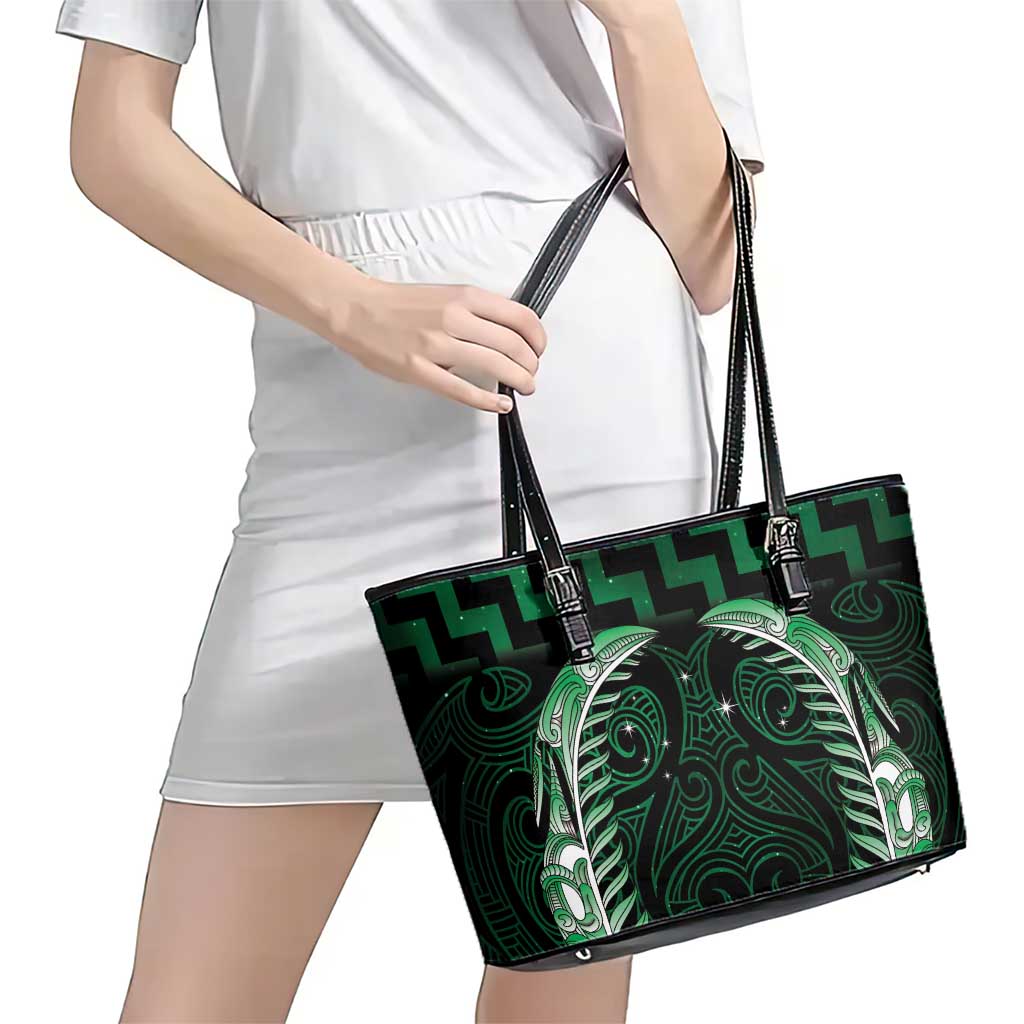 Green Matariki New Zealand Leather Tote Bag Maori Poutama Galaxy Vibes