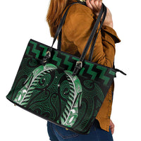Green Matariki New Zealand Leather Tote Bag Maori Poutama Galaxy Vibes