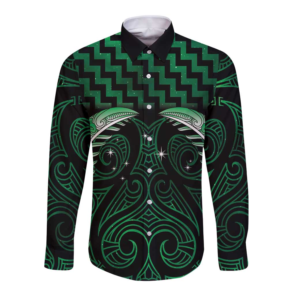 Green Matariki New Zealand Long Sleeve Button Shirt Maori Poutama Galaxy Vibes