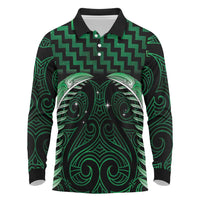 Green Matariki New Zealand Long Sleeve Polo Shirt Maori Poutama Galaxy Vibes