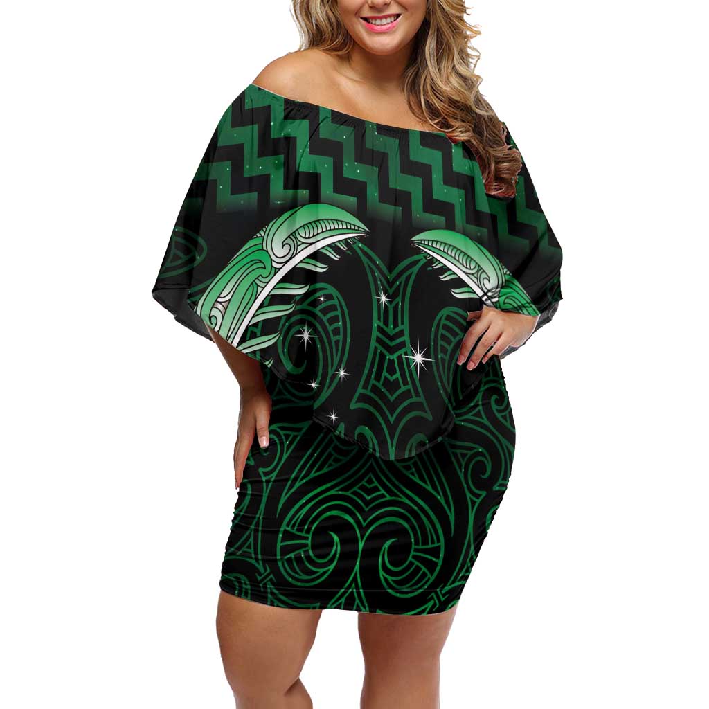 Green Matariki New Zealand Off Shoulder Short Dress Maori Poutama Galaxy Vibes